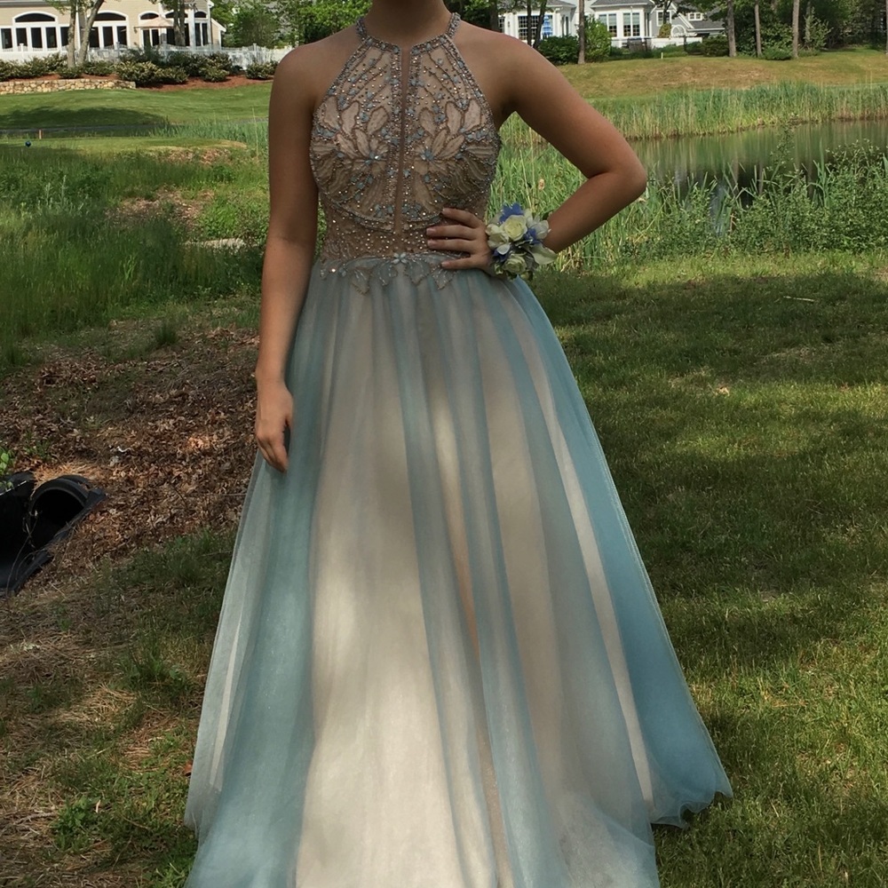 baby blue david’s bridal prom dress